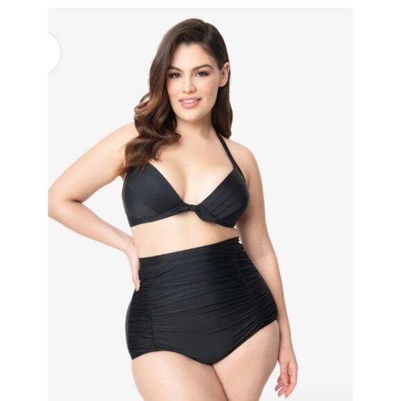 Unique Vintage Plus Size All Black Monroe High Waist Bikini Bottom - Picture 1 of 4